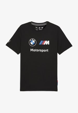 Tricou negru din bumbac, cu logo-urile BMW și M Motorsport în alb și accente colorate, guler rotund, mâneci scurte și etichetă pe lateral.