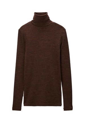 Pull à col roulé marron en tissu doux et texturé, avec des manches longues et une silhouette ajustée. Aucun motif ni accessoire visible.