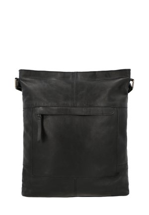 Schwarze Lederhandtasche mit glatter Textur, quadratischer Form und einem vorderen Reißverschlussfach. Sie verfügt über eine obere Öffnung und einen verstellbaren Trageriemen.