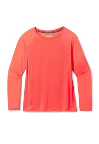 Korálová košile s dlouhým rukávem vyrobená z lehké, prodyšné látky. Má raglánové rukávy a kulatý výstřih.