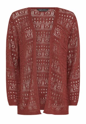 Open-front, long-sleeve rust-colored crochet cardigan with intricate knit patterns and a soft ribbed hem and cuffs.