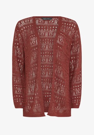 Cardigan de crochet color óxido, de manga larga y abierto al frente, con patrones de tejido intrincados y un dobladillo suave y acanalado junto con los puños.