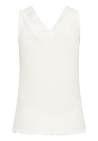 White sleeveless tank top with a V-neckline featuring a lace trim. The fabric is ribbed with a scalloped hem at the bottom.