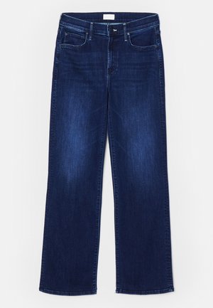 Dark blue wide-leg jeans made from denim, featuring front pockets, a zip fly, and a clean hem with minimal distressing.