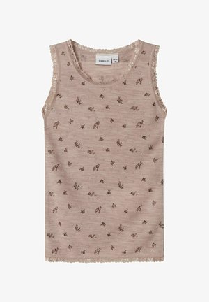 Top sin mangas de color rosa claro con un patrón floral, con encaje en el cuello y las sisas, de tela suave y con un dobladillo recto.
