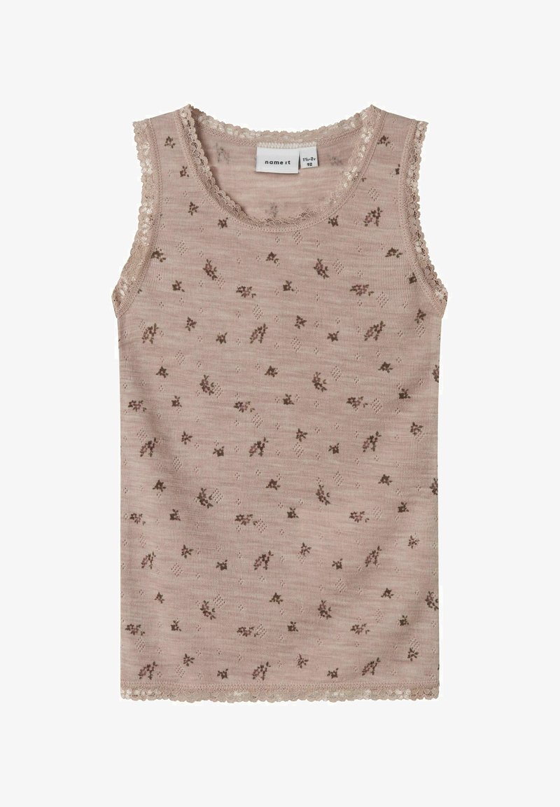 Hele roosa tank top lillemustriga, pitsist äärisega kaela- ja käeaugu ümber, pehme kangas ja sirge äär.