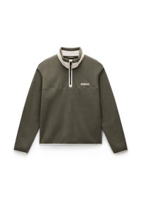 Olive green fleece pullover with a standing collar, half zipper, and cream accents. Features a horizontal seam and brand logo on the chest.