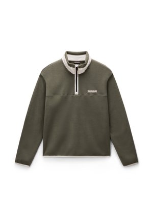 Olijfgroene fleece pullover met een staande kraag, halve rits en crèmekleurige accenten. Heeft een horizontale naad en het merkelogo op de borst.