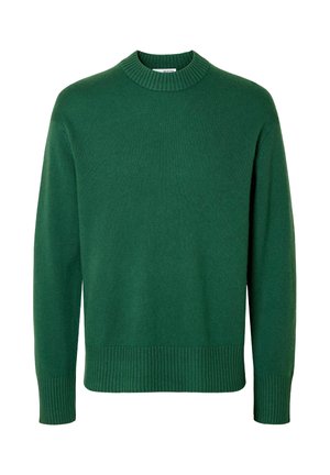 Grønn langermet strikket genser med ribbestrikket rund hals, mansjetter og nederkant, vist på hvit bakgrunn.