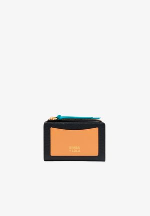 Black textured wallet with an orange leather accent and gold branding. Features a turquoise zip pull and a horizontally oriented design.
