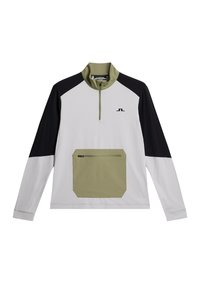 Halv-zip sweater med lange ærmer. Hvid krop, sorte ærmer og en olivengrøn lomme. Har en lynlåslomme på fronten.