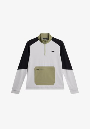 Polar z długim rękawem, zapinany na zamek do połowy. Biały korpus, czarne rękawy i kieszeń w oliwkowym kolorze. Posiada kieszeń zapinaną na zamek z przodu.