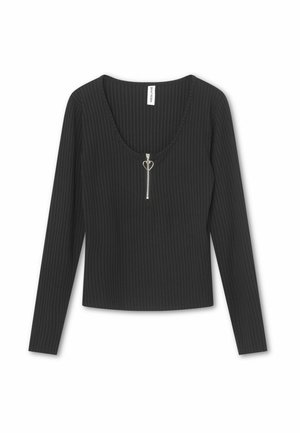 Top negru cu mâneci lungi, textură nervurată, decolteu rotund și fermoar central decorat cu un pandantiv în formă de inimă.