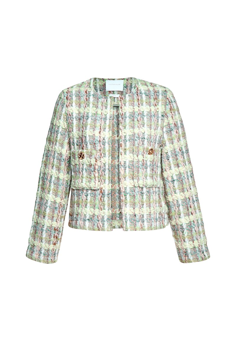 Gewebte Tweedjacke in Pastellfarben mit Rundhalsausschnitt, zwei vorderen Taschen und goldfarbenen Beschlägen. Die Jacke wird vorne mit einem Reißverschluss geschlossen.