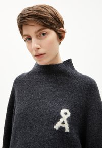 Dark gray, knitted sweater with a high collar and a small white "A" logo on the chest. Soft texture, relaxed fit.