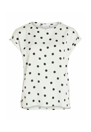 Hvid kortærmet bluse med rund halsudskæring og sorte polkaprikker jævnt fordelt på stoffet.