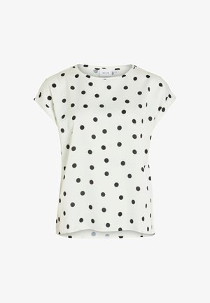 Weiße Kurzarmbluse mit rundem Ausschnitt und schwarzen Punkten, die gleichmäßig über den Stoff verteilt sind.