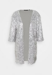 Silverfärgad, mjuk cardigan med texturerad yta och spridda paljetter, öppen fram, kortärmad, fodrad med en enfärgad grå insida.