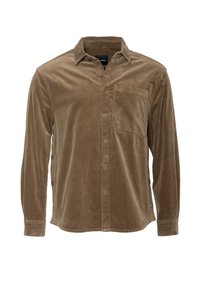 Brun langermet kordfløyelskjorte med knapper foran, en brystlomme og klassisk krage på hvit bakgrunn.