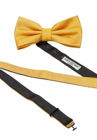 Gul sidenfluga med strukturerat mönster, utrustad med justerbar svart rem och varumärkesetikett. Flikform, slät yta, klassisk design.