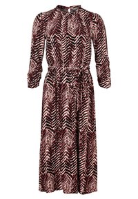 Lång, flödande klänning med ett djärvt zigzag-mönster i röd, svart och beige, med långa ärmar, knyt midja och rund halsringning.