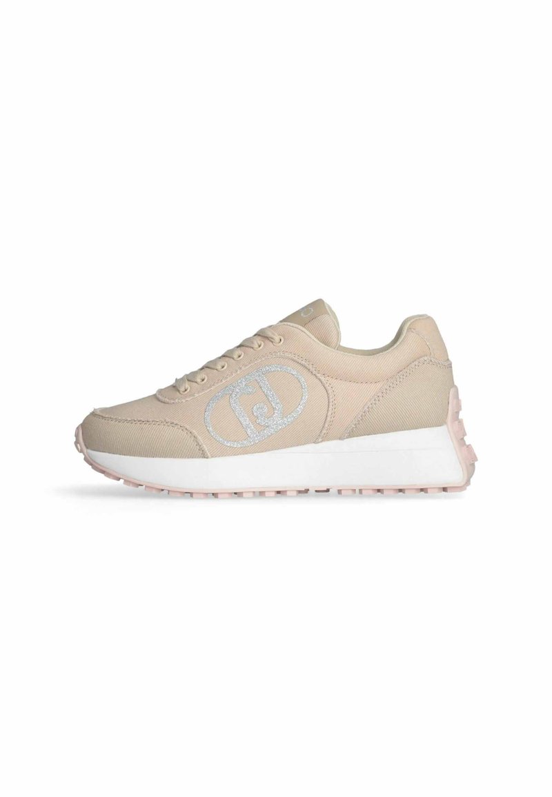 Beige Stoff Sneaker mit strukturierter Oberfläche, weißer Zwischensohle, pinker Laufsohle und einem glitzernden Logo an der Seite. Runde Schnürsenkeldesign, gepolsterter Schaft.