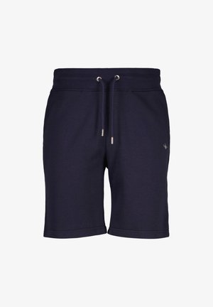Navyblaue Baumwoll-Sportshorts mit elastischem Bund, Kordelzug und seitlichen Taschen. Glatte Textur und Oberschenkellänge.