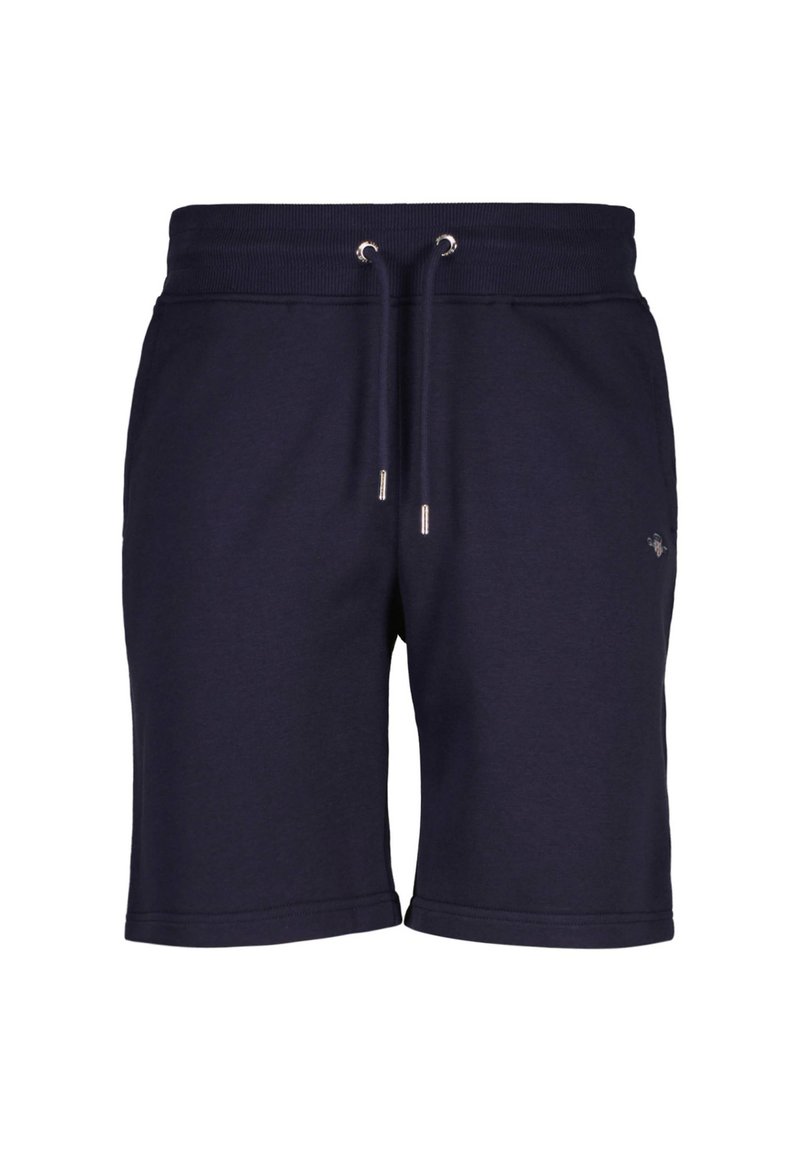 Shorts de sport en coton bleu marine avec une taille élastique, un cordon de serrage et des poches latérales. Texture lisse et longueur au milieu de la cuisse.