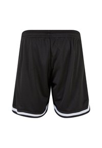Shorts de sport noirs avec une texture en maille, ceinture élastique et rayures blanches le long de l'ourlet. Vue arrière sans poches.