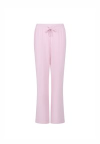 Lichtroze, losse loungebroek met een elastische tailleband en een gestrikt koord aan de voorkant, gefotografeerd tegen een witte achtergrond.