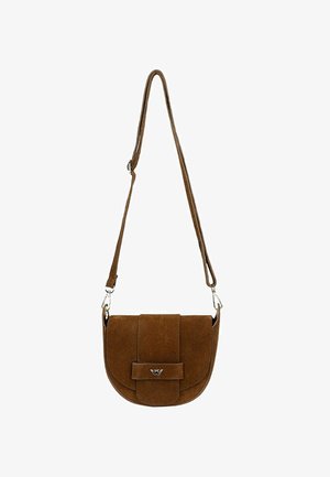 Brązowa torebka na ramię z zamszu z regulowanym paskiem i srebrnym zapięciem na przedniej klapie.