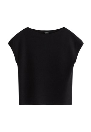 Black cropped top made from soft fabric, featuring a boat neckline and short, dropped sleeves. Simple design without patterns or embellishments.