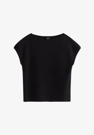 Svart cropped topp laget av mykt stoff, med båthals og korte, droppede ermer. Enkel design uten mønstre eller pynt.
