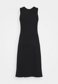 Robe midi noire sans manches avec un col rond et une légère silhouette en A sur un fond blanc uni.