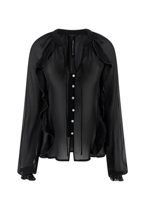 Sort gennemsigtig bluse med en rynket front, lange ærmer med elastiske manchetter og knaplukning foran med runde knapper.