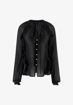 Blouse en transparence noire avec un devant froncé, des manches longues avec des poignets élastiques et une fermeture à boutons à l'avant avec des boutons ronds.