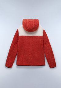 Red fleece jacket with a cozy hood, featuring a cream upper section and textured fabric. Long sleeves and a rounded hem complete the design.