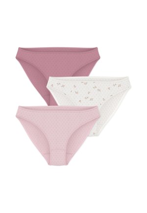 Drei Damen-Bikini-Unterteile in gedämpftem Mauve, Hellrosa und Weiß mit kleinen Blumenmustern, überlappend auf weißem Hintergrund angeordnet.