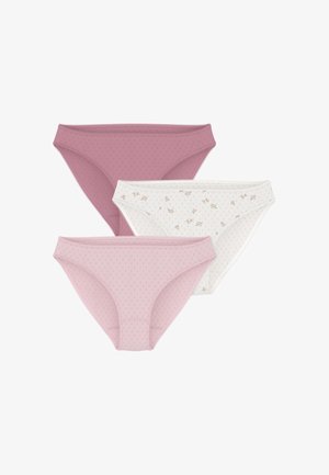 Drei Damen-Bikini-Unterteile in gedämpftem Mauve, Hellrosa und Weiß mit kleinen Blumenmustern, überlappend auf weißem Hintergrund angeordnet.
