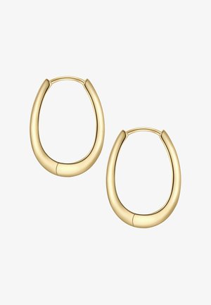 Goldfarbene Creolen mit einem glatten, runden Design und einer leichten Verjüngung. Verfügt über einen sicheren Verschluss und eine saubere, polierte Oberfläche.