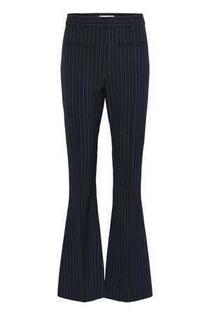 Marineblå pinstripe bukser med vide ben, to frontlommer, skåret design og et glat, struktureret stof. Fremhævet med smalle blå striber.