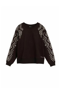 Hanorac maro cu mâneci raglan lungi, având modele decorative albe pe mâneci și o margine curbată. Fabricat dintr-un material moale.