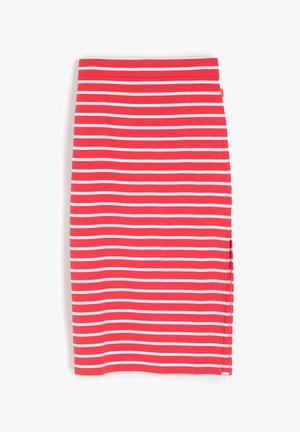 Czarna spódnica w paski w kolorze czerwonym i białym z bocznym rozcięciem oraz gładkim, elastycznym materiałem. Posiada dopasowany krój i jednolitą talię.