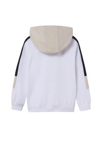 Felpa con cappuccio bianca con pannelli di accentuazione beige e neri sulle maniche. Tessuto morbido con polsini e vita a coste.