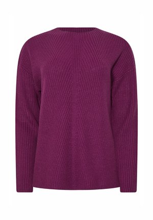 Pitkähihaine neulepusero syvän purppuran värisenä, jossa on ribbikuvio ja pyöreä pääntie, esillä yksinkertaisella valkoisella taustalla.