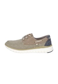 Zapatos ligeros y flexibles en tejido beige y gris con suela blanca; presentan una punta redondeada, diseño con cordones y costuras sutiles.