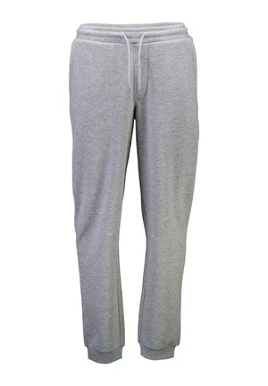 Pantalones deportivos grises de tejido de algodón suave, con cintura elástica con cordón, bolsillos laterales y puños ajustados.