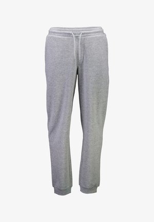 Pantalones deportivos grises de tejido de algodón suave, con cintura elástica con cordón, bolsillos laterales y puños ajustados.