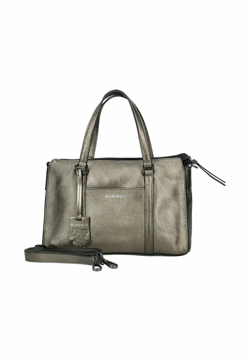 Sac à main rectangulaire gris métallique avec deux poignées, poche avant, fermeture zippée, bandoulière amovible et étiquette logo Burkely.