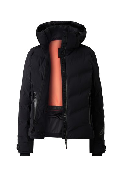 Schwarze Pufferjacke mit Kapuze und leuchtend korallfarbenem Innenfutter. Mit durchgehendem Reißverschluss und seitlichen Taschen, sowie Kordelzugverstellungen am Saum.